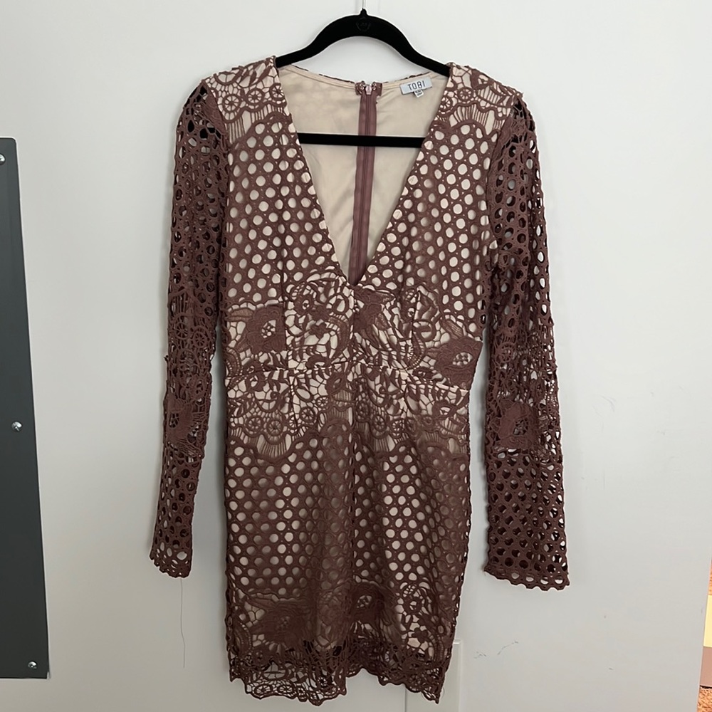 Mauve Lace Long Sleeve Plunge Dress